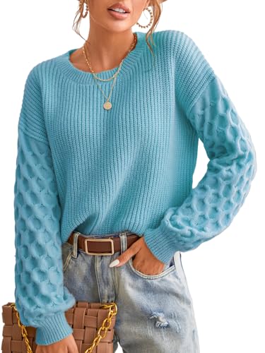 CUPSHE Damen Strickpullover Rundhals Langarm Feinstrick Pulli Jumper Oberteile Tops Honeycomb Knit Sweater Blau S von CUPSHE