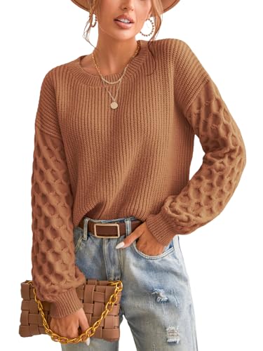 CUPSHE Damen Strickpullover Rundhals Langarm Feinstrick Pulli Jumper Oberteile Tops Honeycomb Knit Sweater Braun L von CUPSHE