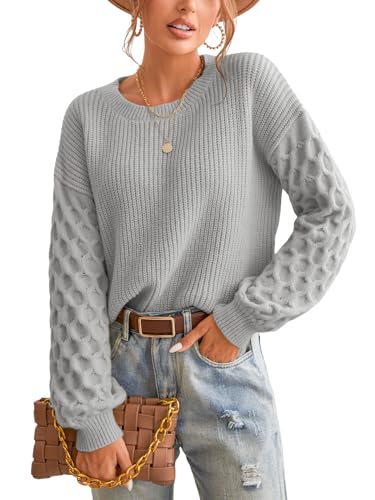 CUPSHE Damen Strickpullover Rundhals Langarm Feinstrick Pulli Jumper Oberteile Tops Honeycomb Knit Sweater Grau L von CUPSHE