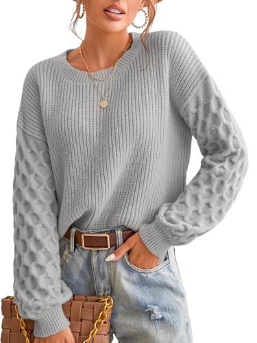 CUPSHE Damen Strickpullover Rundhals Langarm Feinstrick Pulli Jumper Oberteile Tops Honeycomb Knit Sweater Grau S von CUPSHE
