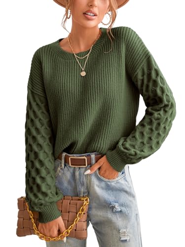 CUPSHE Damen Strickpullover Rundhals Langarm Feinstrick Pulli Jumper Oberteile Tops Honeycomb Knit Sweater Grün L von CUPSHE