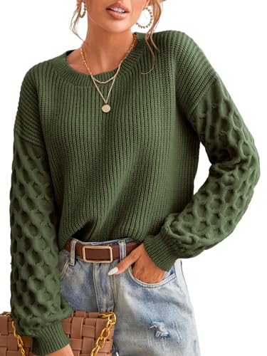 CUPSHE Damen Strickpullover Rundhals Langarm Feinstrick Pulli Jumper Oberteile Tops Honeycomb Knit Sweater Grün XL von CUPSHE