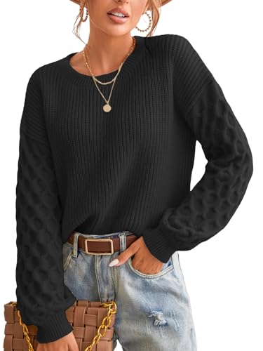 CUPSHE Damen Strickpullover Rundhals Langarm Feinstrick Pulli Jumper Oberteile Tops Honeycomb Knit Sweater Schwarz M von CUPSHE