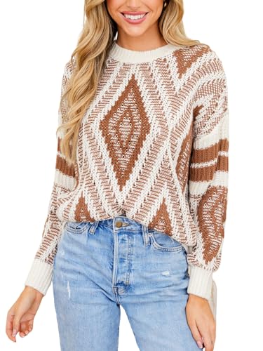CUPSHE Damen Strickpullover Rundhals Langarm Geometrisches Muster Grobstrick Pulli Oberteile Tops Casual Knit Sweater Braun M von CUPSHE