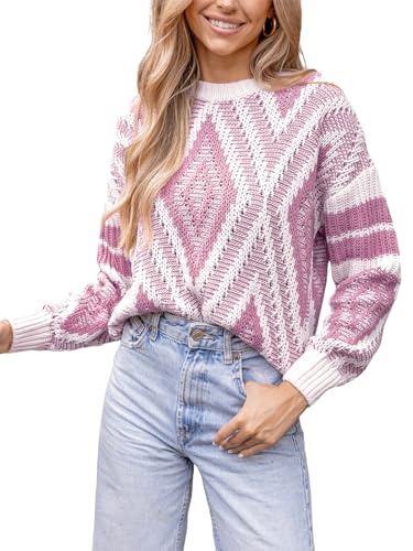 CUPSHE Damen Strickpullover Rundhals Langarm Geometrisches Muster Grobstrick Pulli Oberteile Tops Casual Knit Sweater Lila M von CUPSHE