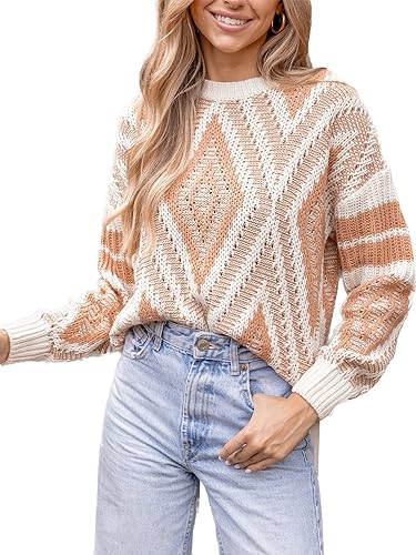 CUPSHE Damen Strickpullover Rundhals Langarm Geometrisches Muster Grobstrick Pulli Oberteile Tops Casual Knit Sweater Weiß XL von CUPSHE