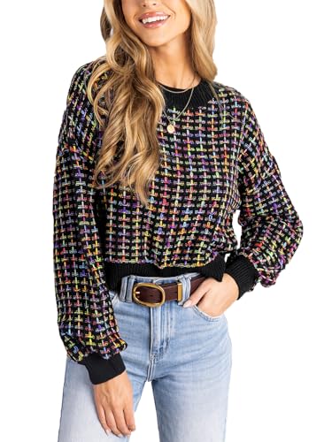 CUPSHE Damen Strickpullover Rundhals Langarm Melierte Optik Grobstrick Pulli Herbst Winter Oberteile Crop Tops Lässig Knit Sweater Schwarz M von CUPSHE