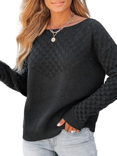 CUPSHE Damen Strickpullover Rundhals Langarm Rautenmuster Feinstrick Pulli Oberteile Tops Lässig Knit Sweater Schwarz L von CUPSHE
