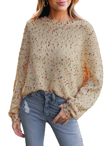 CUPSHE Damen Strickpullover Rundhals Langarm Regenbogen Bunte Melange Optik Feinstrick Pulli Oberteile Tops Jumper Knit Sweater Braun L von CUPSHE