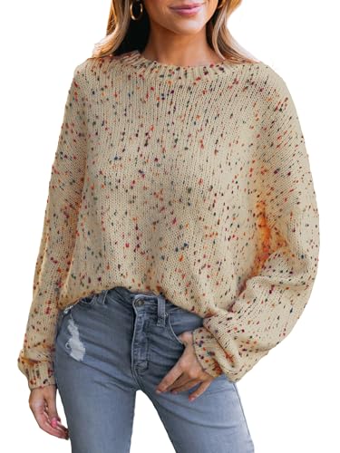 CUPSHE Damen Strickpullover Rundhals Langarm Regenbogen Bunte Melierte Optik Feinstrick Pulli Herbst Winter Oberteile Tops Lässig Knit Sweater Braun S von CUPSHE