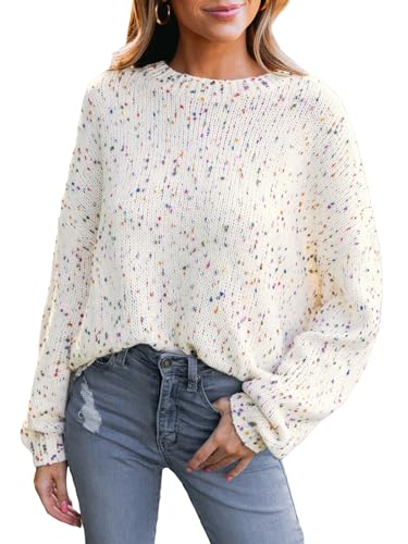 CUPSHE Damen Strickpullover Rundhals Langarm Regenbogen Bunte Melange Optik Feinstrick Pulli Oberteile Tops Lässig Jumper Knit Sweater Weiß L von CUPSHE