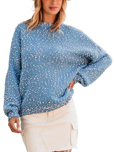 CUPSHE Damen Strickpullover Rundhals Langarm Regenbogen Bunte Melierte Optik Feinstrick Pulli 2024 Herbst Winter Oberteile Tops Lässig Knit Sweater Graublau L von CUPSHE