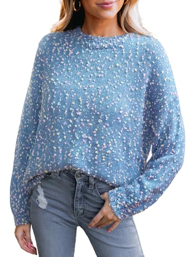 CUPSHE Damen Strickpullover Rundhals Langarm Regenbogen Bunte Melierte Optik Feinstrick Pulli 2024 Herbst Winter Oberteile Tops Lässig Knit Sweater Graublau XS von CUPSHE