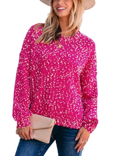 CUPSHE Damen Strickpullover Rundhals Langarm Regenbogen Bunte Melierte Optik Feinstrick Pulli 2024 Herbst Winter Oberteile Tops Lässig Knit Sweater Rosenrot M von CUPSHE