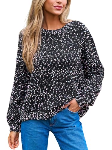 CUPSHE Damen Strickpullover Rundhals Langarm Regenbogen Bunte Melierte Optik Feinstrick Pulli 2024 Herbst Winter Oberteile Tops Lässig Knit Sweater Schwarz XS von CUPSHE