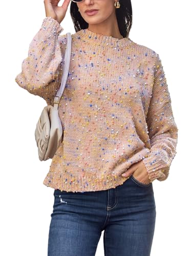 CUPSHE Damen Strickpullover Rundhals Langarm Regenbogen Bunte Melierte Optik Feinstrick Pulli Herbst Winter Oberteile Tops Lässig Knit Sweater Rosa L von CUPSHE