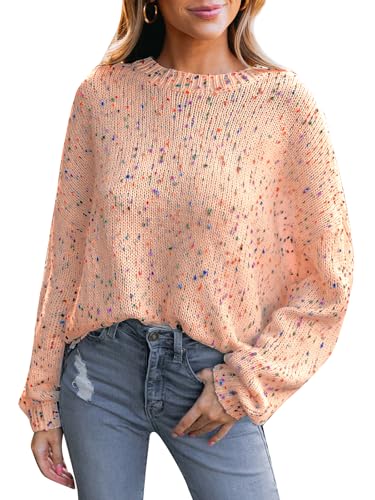 CUPSHE Damen Strickpullover Rundhals Langarm Regenbogen Bunte Melierte Optik Feinstrick Pulli Herbst Winter Oberteile Tops Lässig Knit Sweater Rosa XS von CUPSHE