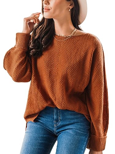 CUPSHE Damen Strickpullover Rundhals Langarm Seitenschlitz Feinstrick Pulli Oberteile Tops Loose Knit Sweater Braun S von CUPSHE