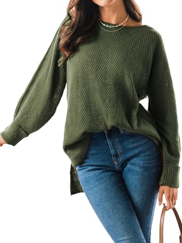 CUPSHE Damen Strickpullover Rundhals Langarm Seitenschlitz High Low Feinstrick Oversized Pulli Oberteile Tops Loose Knit Sweater Dunkelgrün M von CUPSHE