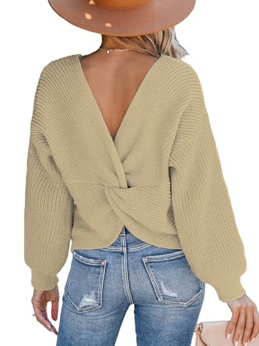 CUPSHE Damen Strickpullover Rundhals Langarm Twist Rückenfrei Fledermausärmel Rippenstrick Pulli Oberteile Tops Knit Sweater Beige S von CUPSHE