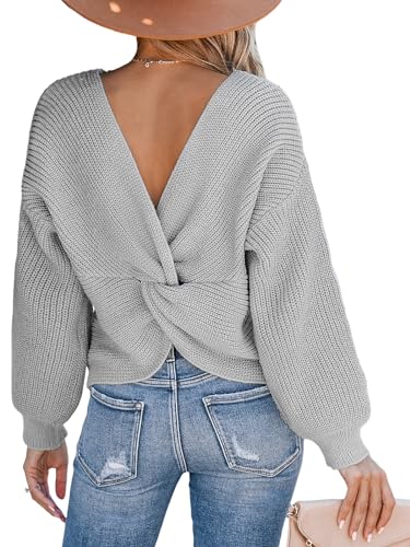 CUPSHE Damen Strickpullover Rundhals Langarm Twist Rückenfrei Fledermausärmel Rippenstrick Pulli Oberteile Tops Knit Sweater Grau L von CUPSHE