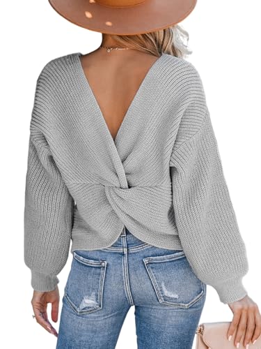 CUPSHE Damen Strickpullover Rundhals Langarm Twist Rückenfrei Fledermausärmel Rippenstrick Pulli Oberteile Tops Knit Sweater Grau XS von CUPSHE