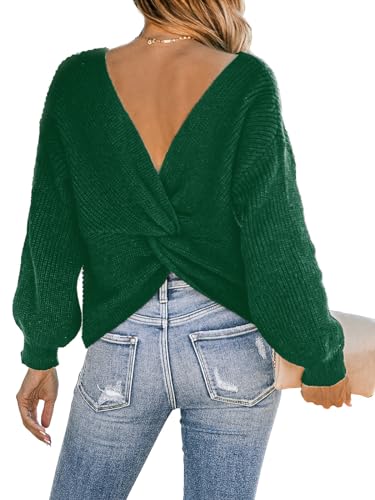 CUPSHE Damen Strickpullover Rundhals Langarm Twist Rückenfrei Fledermausärmel Rippenstrick Pulli Oberteile Tops Knit Sweater Grün S von CUPSHE