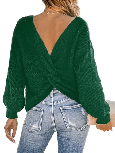 CUPSHE Damen Strickpullover Rundhals Langarm Twist Rückenfrei Fledermausärmel Rippenstrick Pulli Oberteile Tops Knit Sweater Grün S von CUPSHE