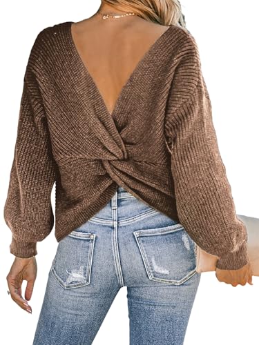 CUPSHE Damen Strickpullover Rundhals Langarm Twist Rückenfrei Fledermausärmel Rippenstrick Pulli Oberteile Tops Knit Sweater Khaki L von CUPSHE