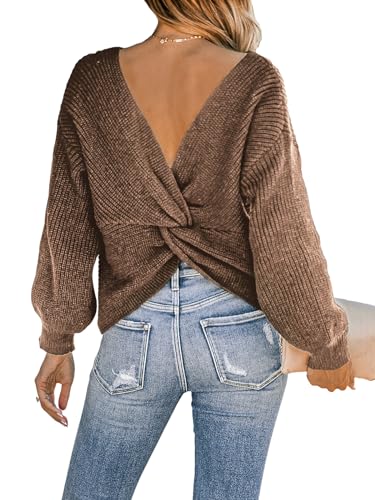 CUPSHE Damen Strickpullover Rundhals Langarm Twist Rückenfrei Fledermausärmel Rippenstrick Pulli Oberteile Tops Knit Sweater Khaki M von CUPSHE