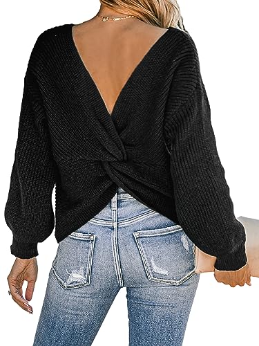 CUPSHE Damen Strickpullover Rundhals Langarm Twist Rückenfrei Fledermausärmel Rippenstrick Pulli Oberteile Tops Knit Sweater Schwarz S von CUPSHE