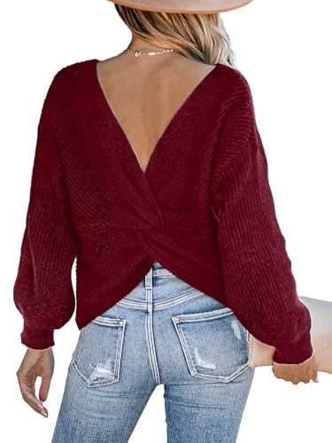 CUPSHE Damen Strickpullover Rundhals Langarm Twisted Rückenfrei Fledermausärmel Rippenstrick Pulli Oberteile Tops Knit Sweater Rot XL von CUPSHE