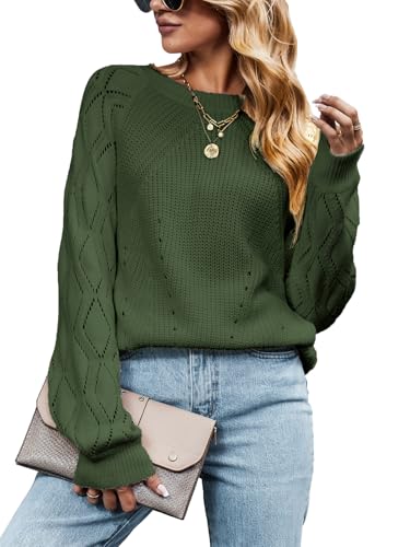 CUPSHE Damen Strickpullover Rundhals Langarm Wellenmuster Rippenstrick Pulli Herbst Winter Oberteile Tops Lässig Knit Sweater Olivgrün XS von CUPSHE