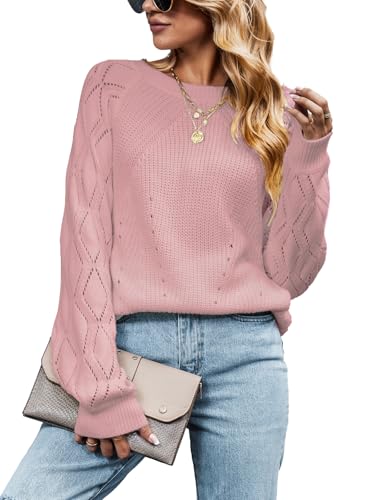CUPSHE Damen Strickpullover Rundhals Langarm Wellenmuster Zierausschnitt Rippenstrick Pulli Oberteile Tops Casual Pointelle Knit Sweater Blush Pink L von CUPSHE