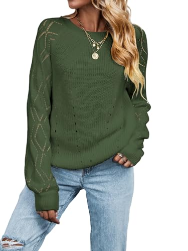 CUPSHE Damen Strickpullover Rundhals Langarm Wellenmuster Zierausschnitt Rippenstrick Pulli Oberteile Tops Casual Pointelle Knit Sweater Olivgrün M von CUPSHE