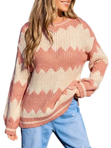 CUPSHE Damen Strickpullover Rundhals Langarm Zickzackmuster 2024 Herbst Winter Farbblock Feinstrick Pullover Oberteile Tops Lässig Knit Sweater Lachsfarbe XL von CUPSHE