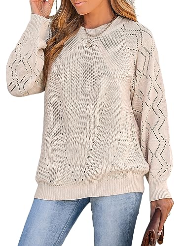 CUPSHE Damen Strickpullover Rundhals Langarm Zierausschnitt Wellenmuster Rippenstrick Pulli Oberteile Tops Casual Knit Sweater Beige M von CUPSHE