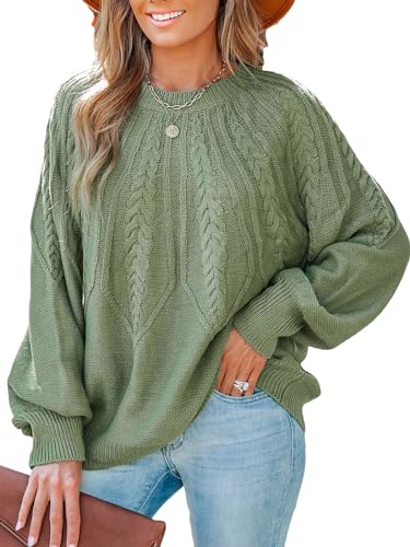 CUPSHE Damen Strickpullover Rundhals Langarm Zopfmuster Feinstrick Pulli Oberteile Tops Lässig Knit Sweater Grün M von CUPSHE