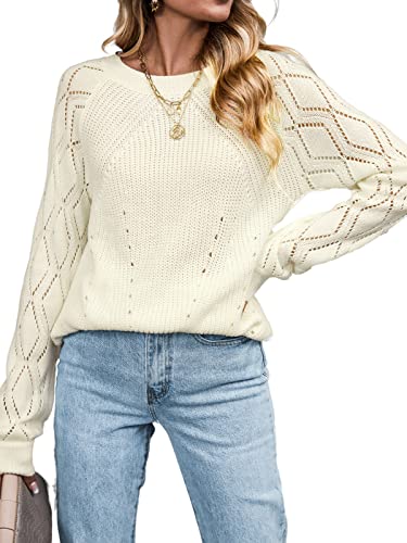 CUPSHE Damen Strickpullover Rundhals Lochmuster Feinstrick Pulli Jumper Oberteile Tops Lässig Knit Sweater Weiß L von CUPSHE