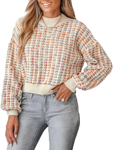 CUPSHE Damen Strickpullover Rundhals Puffärmel Melange Optik Grobstrick Pulli Oberteile Crop Tops Knit Sweater Regenbogen M von CUPSHE