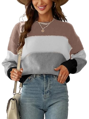 CUPSHE Damen Strickpullover Rundhalsausschnitt Langarm Streifen Farbblock Feinstrick Pullover Oberteile Tops Knit Sweater Grau/Braun M von CUPSHE