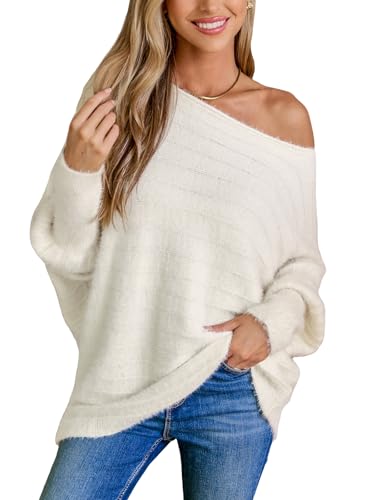 CUPSHE Damen Strickpullover Schulterfreier Langarmpulli 2024 Herbst Winter weicher kuscheliger Pullover Oberteile Tops Oversize Knit Sweater Weiß XS von CUPSHE
