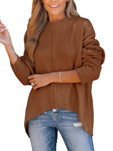 CUPSHE Damen Strickpullover Stehkragen Langarm Asymmetrischer Saum Feinstrick Pulli Oberteile Tops Casual Knit Sweater Braun L von CUPSHE