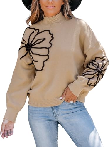 CUPSHE Damen Strickpullover Stehkragen Langarm Blumenmuster Herbst Winter Feinstrick Pullover Oberteile Tops Lässig Knit Sweater Khaki XL von CUPSHE