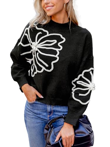 CUPSHE Damen Strickpullover Stehkragen Langarm Blumenmuster Herbst Winter Feinstrick Pullover Oberteile Tops Lässig Knit Sweater Schwarz L von CUPSHE