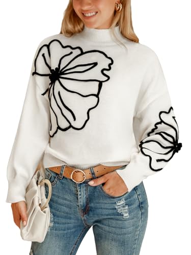 CUPSHE Damen Strickpullover Stehkragen Langarm Blumenmuster Herbst Winter Feinstrick Pullover Oberteile Tops Lässig Knit Sweater Weiß M von CUPSHE