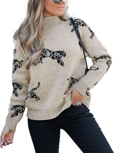 CUPSHE Damen Strickpullover Stehkragen Langarm Tierdruck Tigermuster 2024 Herbst Winter Feinstrick Pullover Oberteile Tops Lässig Knit Sweater Aprikose M von CUPSHE
