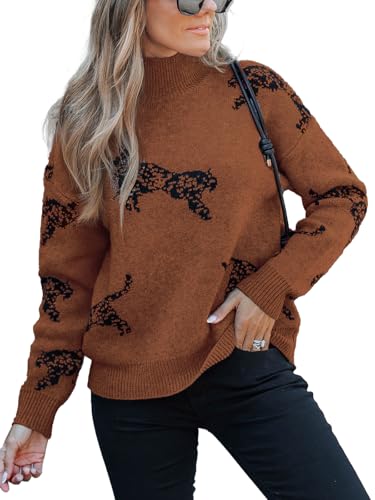 CUPSHE Damen Strickpullover Stehkragen Langarm Tierdruck Tigermuster 2024 Herbst Winter Feinstrick Pullover Oberteile Tops Lässig Knit Sweater Braun M von CUPSHE