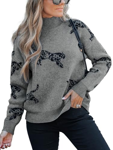 CUPSHE Damen Strickpullover Stehkragen Langarm Tierdruck Tigermuster 2024 Herbst Winter Feinstrick Pullover Oberteile Tops Lässig Knit Sweater Garu L von CUPSHE
