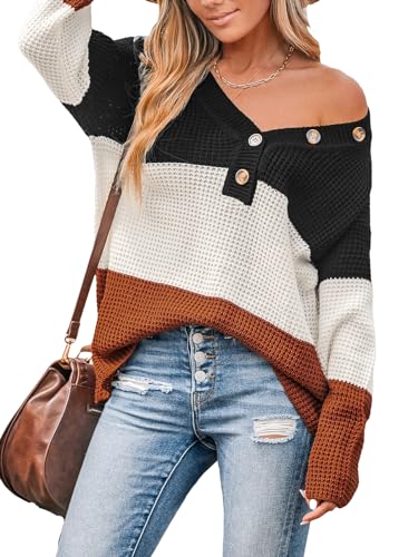 CUPSHE Damen Strickpullover V Ausschnitt Knöpfen Langarm Farbblock Waffelstrick Pulli Oberteile Tops Lässig Knit Sweater Schwarz gestreift M von CUPSHE